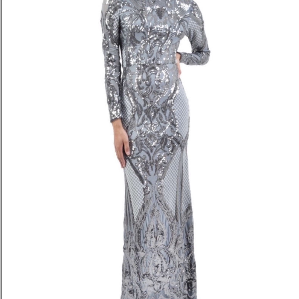 Betsy & Adam Long Sleeve Sequined Gown